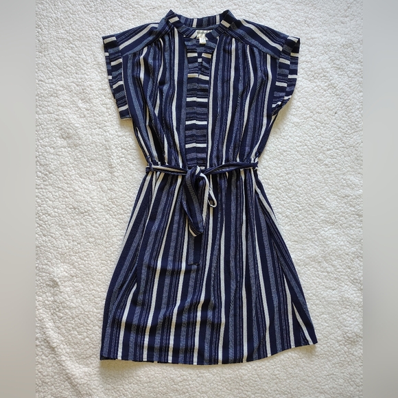 *NWOT* Monteau LA Women's Medium Blue & Black Striped Midi Dress Tie Waist - Picture 3 of 16